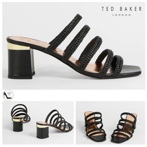 Ted Baker Emalia Gold Leather Slides Braided Straps Sandals Block Heel Mule Pump